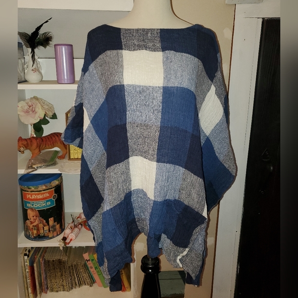 Connie Tops - IC by Connie K Linen Blue Plaid Crinkle Linen Top Lagenlook Blouse Size Large